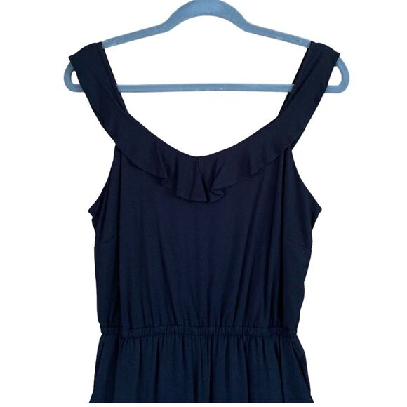 LOFT Ruffle Neck Mixed Media Jumpsuit - Picture 2 of 8